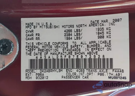 2007 Mitsubishi Eclipse Spyder Gs z USA, uszkodzony, nr VIN 4A3AL25F07E072928